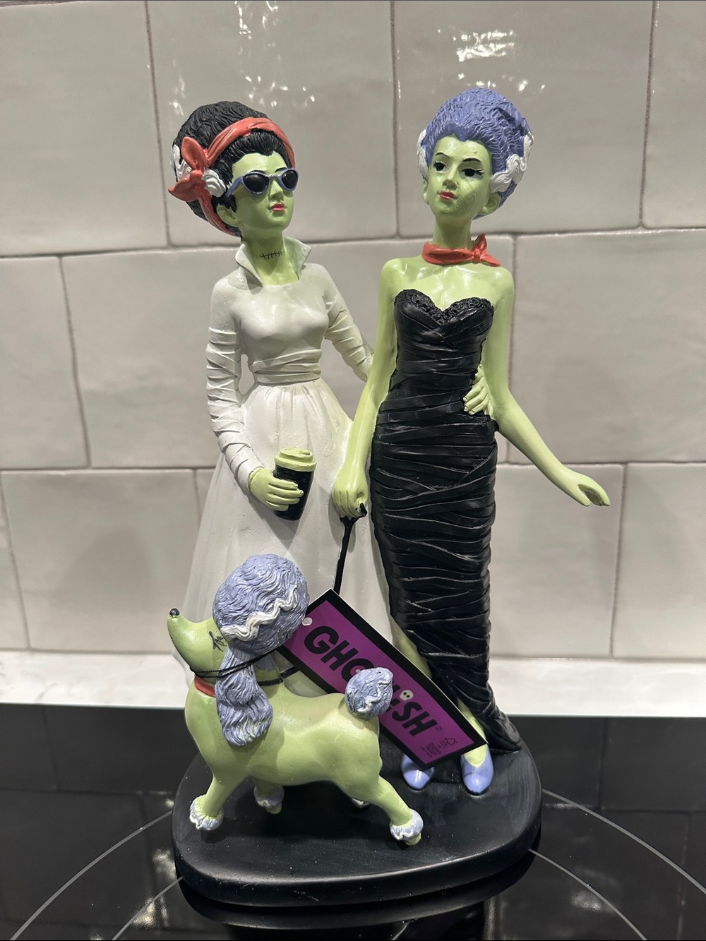 NWT Ghoulish Brides of Frankenstein Walking the Dog Halloween Decor Statue 12”